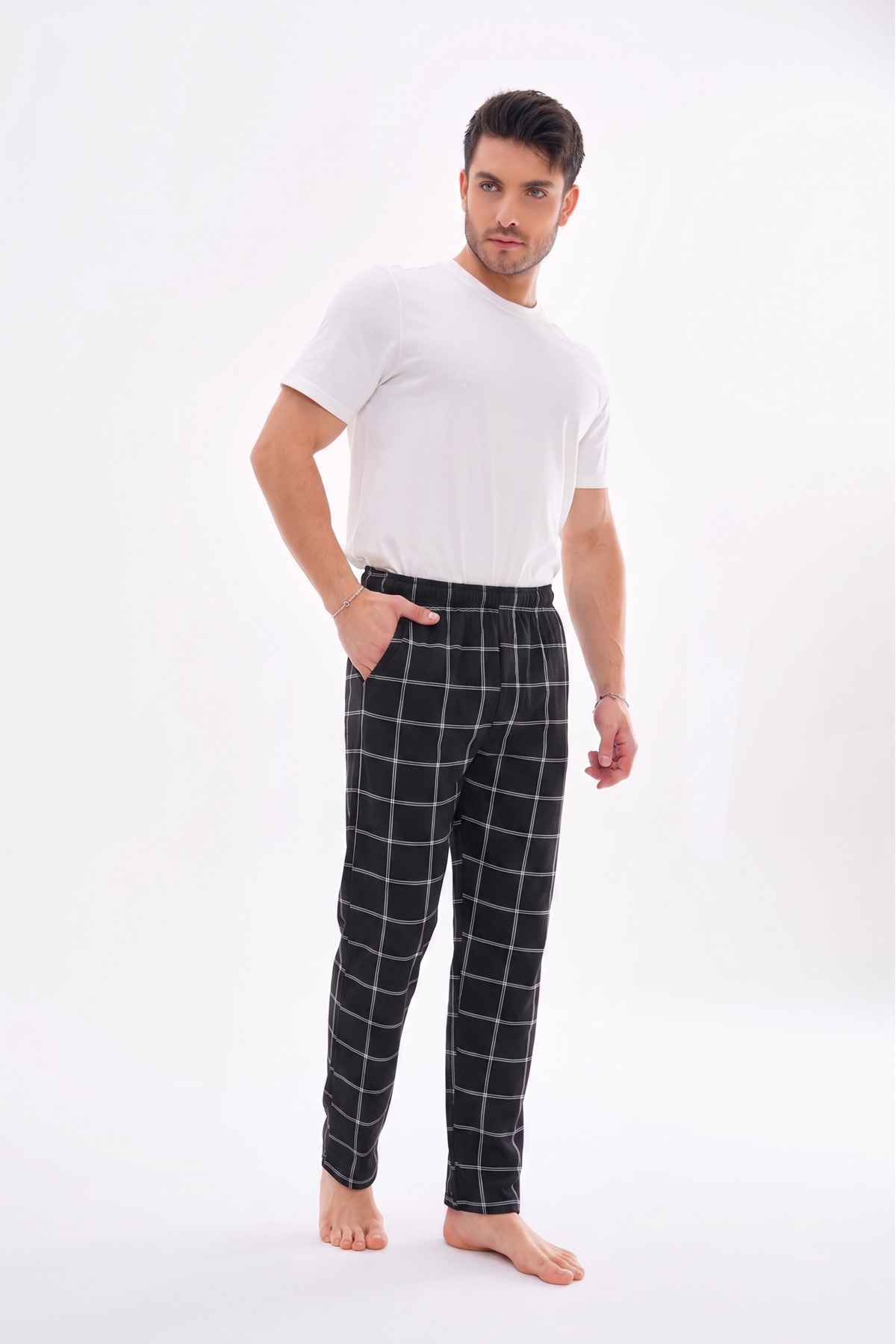 Men's Cotton Pockets Plaid Printed Elastic Waist Stylish Pajamas Bottom Black 22