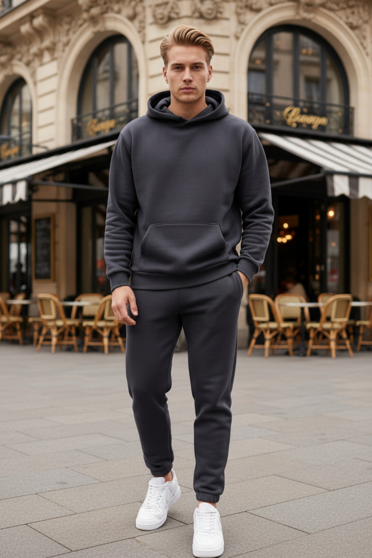 Men's Raised Oversized Kangaroo Pocketed Leg Elastic Tracksuit - Homewear