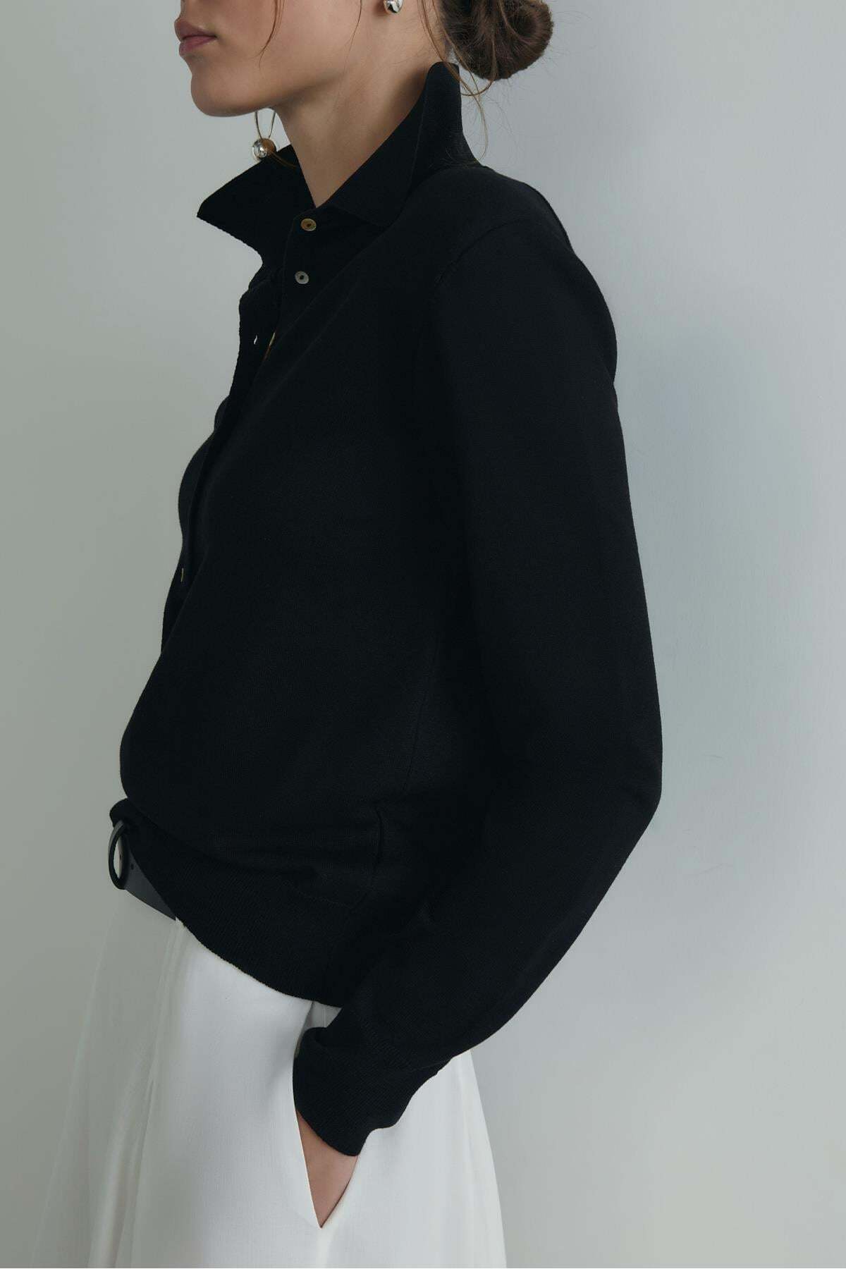 Suud Collection Siyah Carter Polo Yaka Triko Kazak görsel 5