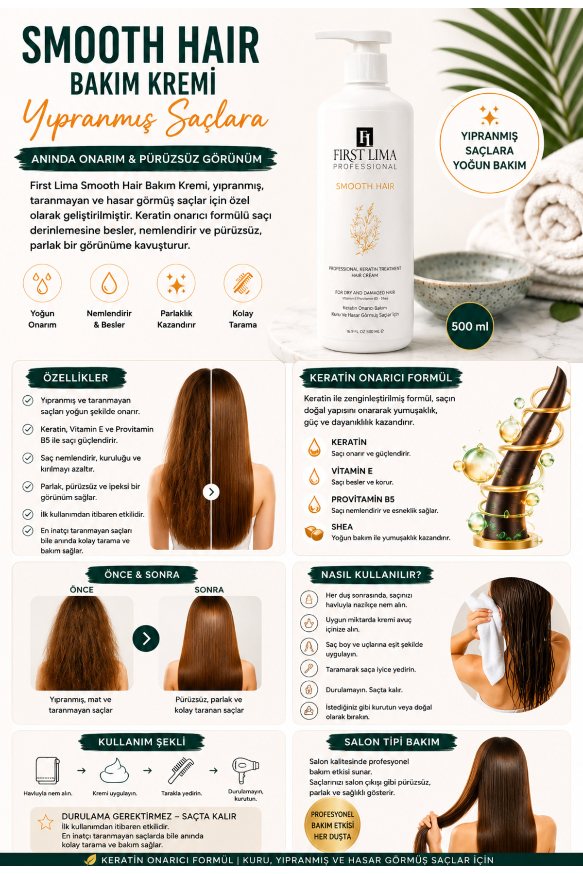 Durulanmayan Keratin Saç Bakım Kremi 500 ml | Elektriklenme ve Kabarma Karşıtı | Smooth Hair — DURULANMAYAN — تصویر 3 از 9