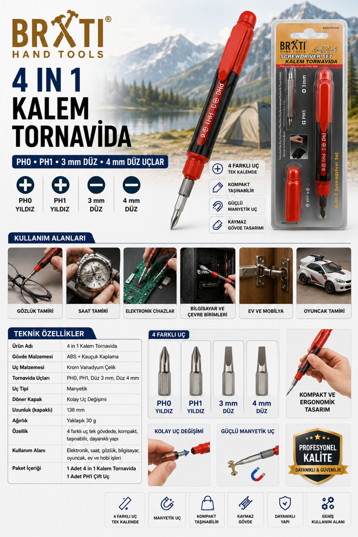 BEMA TOOLS 4 IN 1 KALEM TORNAVİDA PH0 PH1 Yıldız 3mm 4mm Düz Uçlar