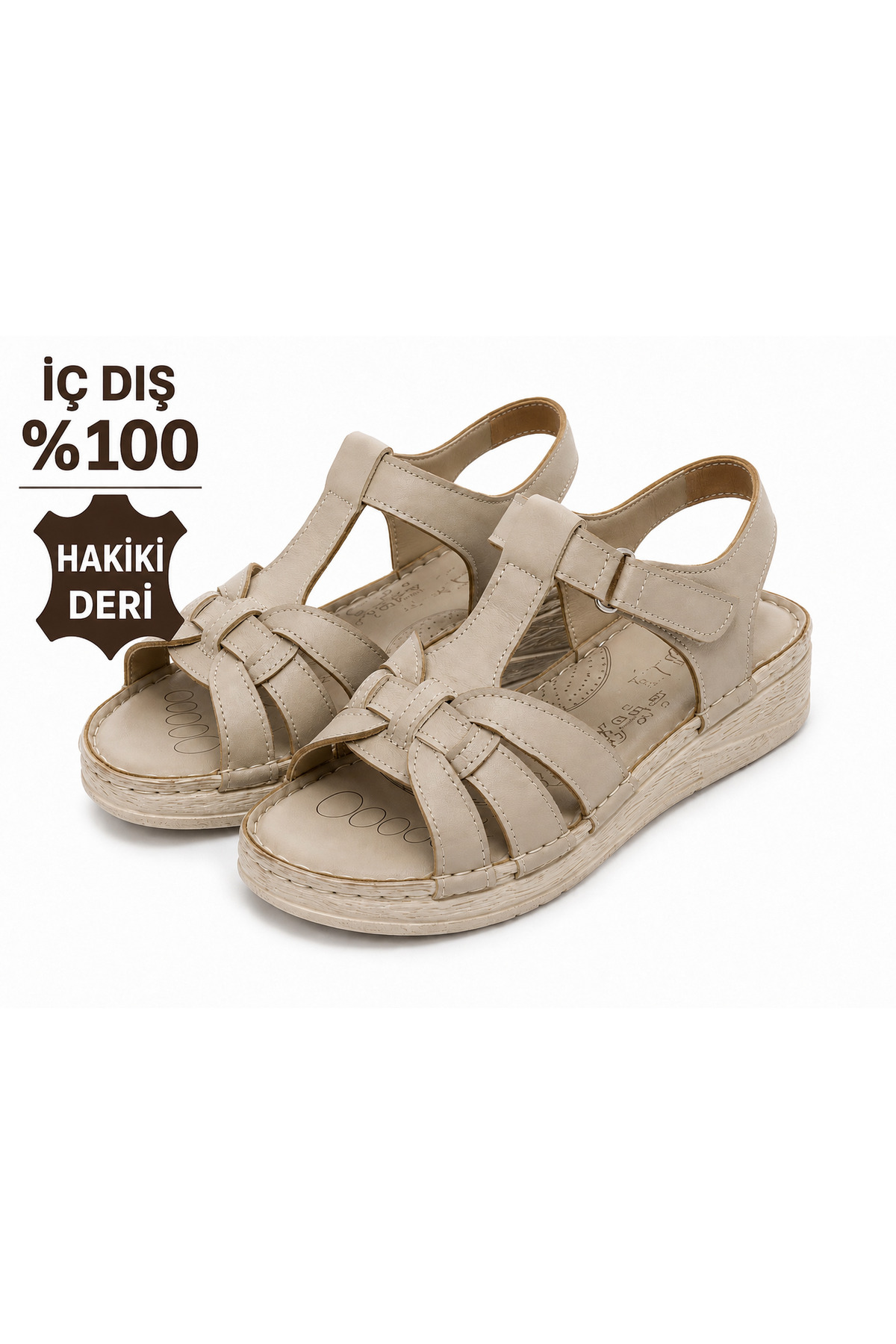 Cooka Shoes %100 Hakiki Deri Kadın Sandalet – Dolgu topuk - Anatomik Taban Günlük Rahat Kullanım – Bej