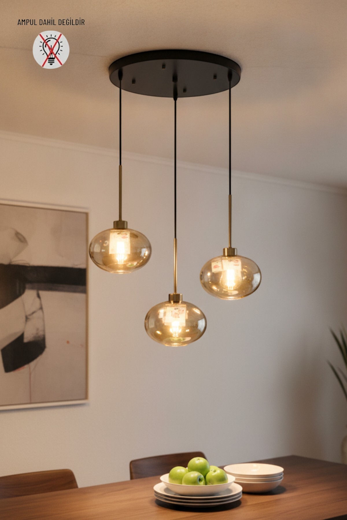 Solvia Triple Honey Glass Round Rustic Thin Antique Headpiece Living Room Pendant E27