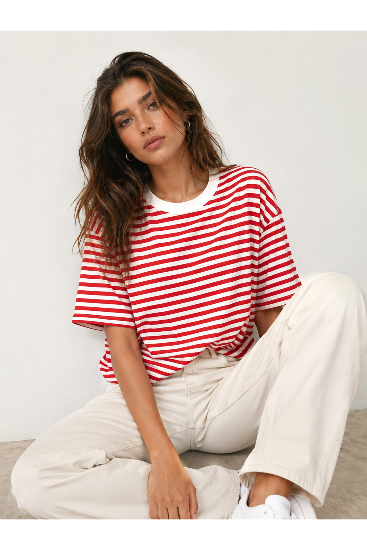 kayzn.tr  Kadın Kırmızı Çizgili Basic Tişört Oversize Rahat Kalıp Pamuklu Günlük Tshirt