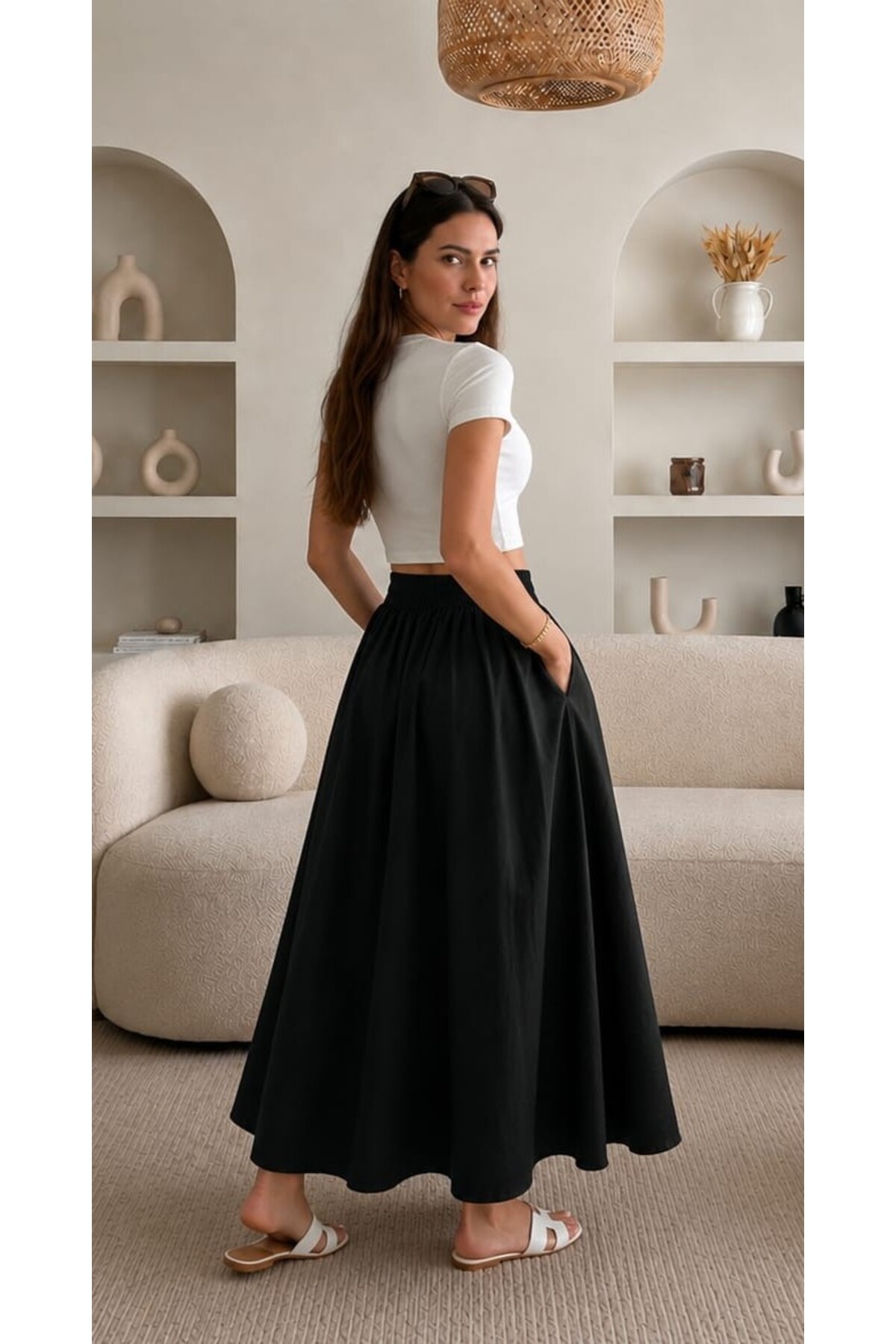 Gülmude  Çift Cepli Poplin Kumaş Beli Lastikli İç Göstermez Maxi Etek (90 CM) - Görsel 7