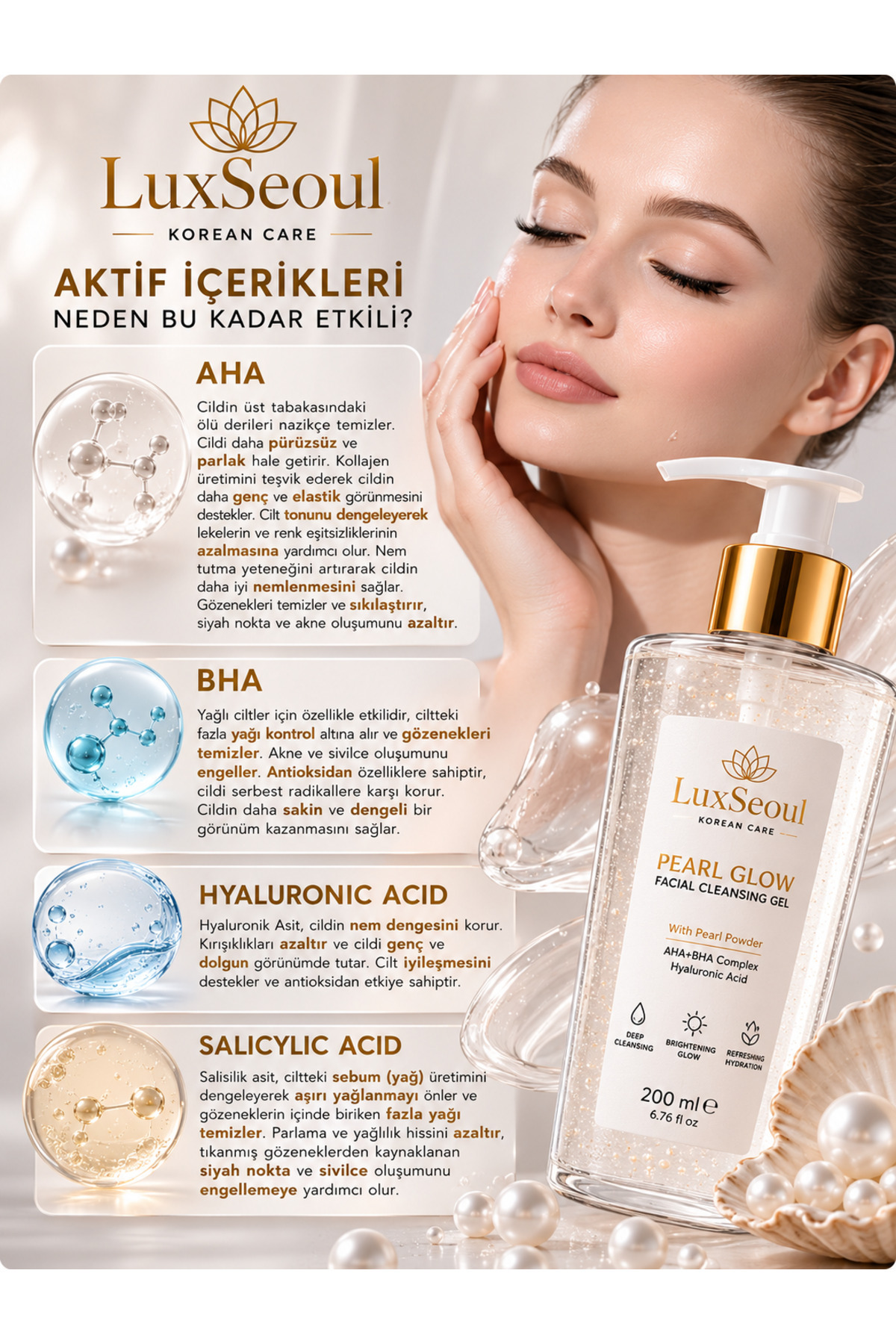 Pearl Glow İnci Tozlu Aydınlatıcı Nemlendirici Gözenek Arındırıcı Yüz Temizleme Jeli 200 Ml — 001 — تصویر 5 از 9