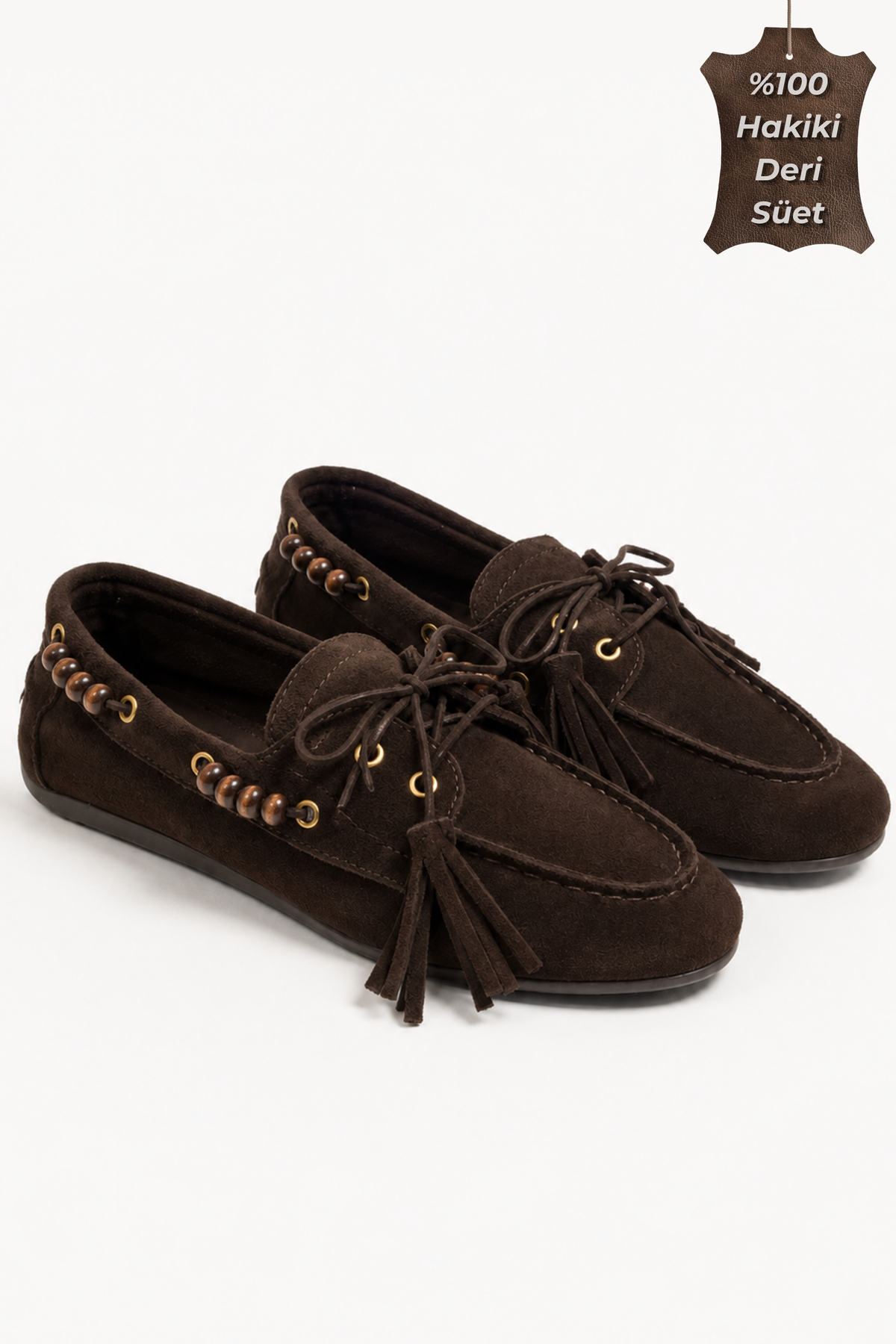 BonuStep Odessa Loafer Kadın Kahverengi Hakiki Süet Deri Boncuk ve Püskül Detaylı Kaymaz Termotaban Loafer Ayakkabı