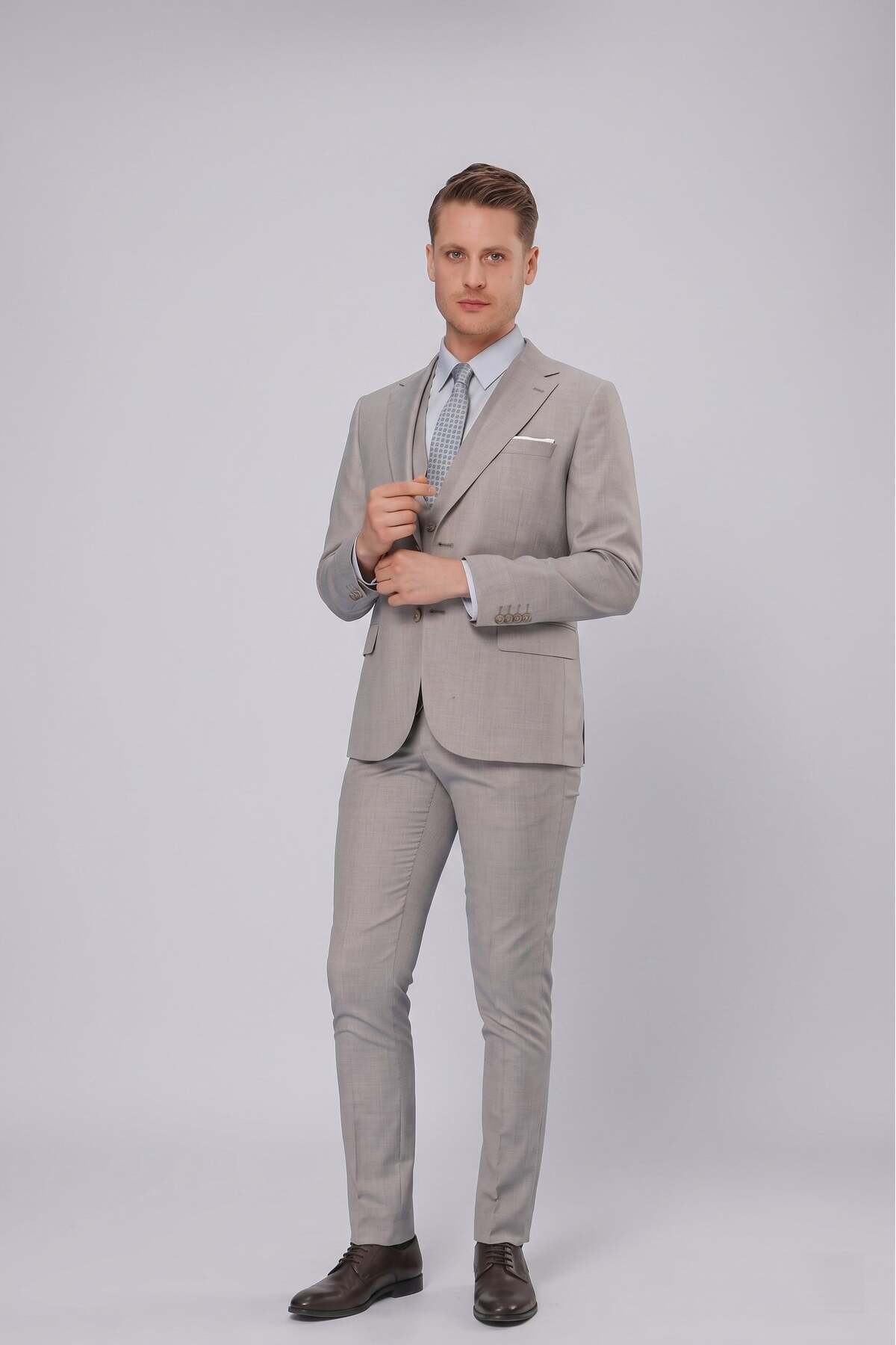Erkek Slim Fit Mono Yaka Düz Gri Yelekli Takım Elbise TK 871 — خاکستری TK871Y1022 — تصویر 4 از 7