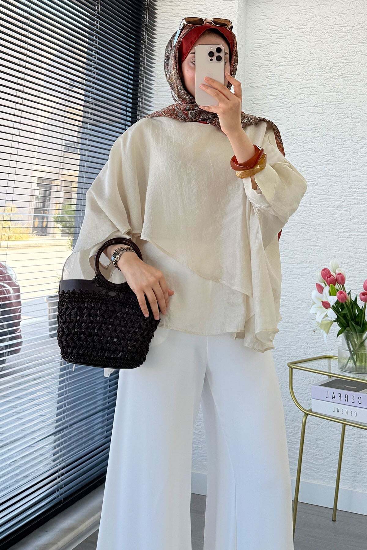 MELEK ARAZ  Premium Yarasa Kol Şal Yaka Vual Bluz - Taş - Görsel 8