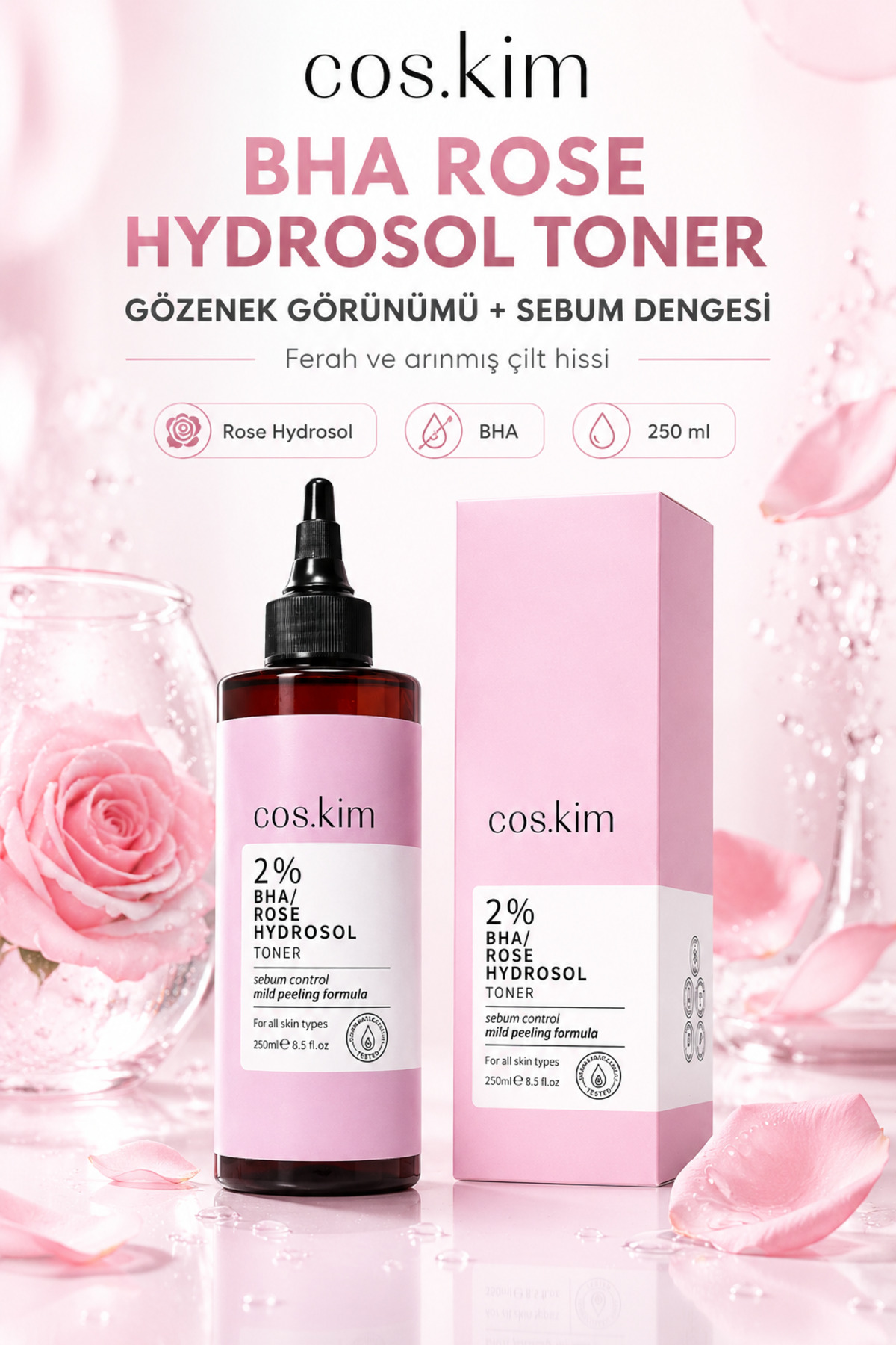 Cos.kim %2 BHA Gül Hidrosol Tonik Gözenek Sıkılaştırıcı Akne ve Siyah Nokta Karşıtı — MK004