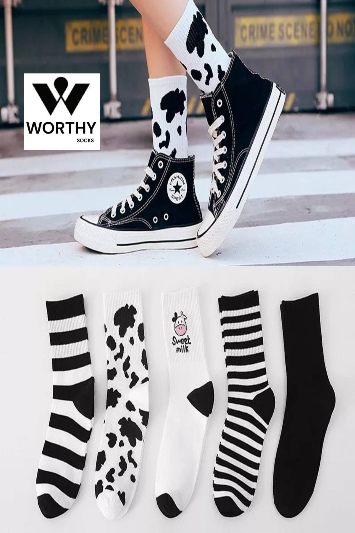 WORTHY SOCKS 5'li Kadın Siyah-beyaz Inek Desenli Çizgili Pamuklu Tenis Kolej Çorap