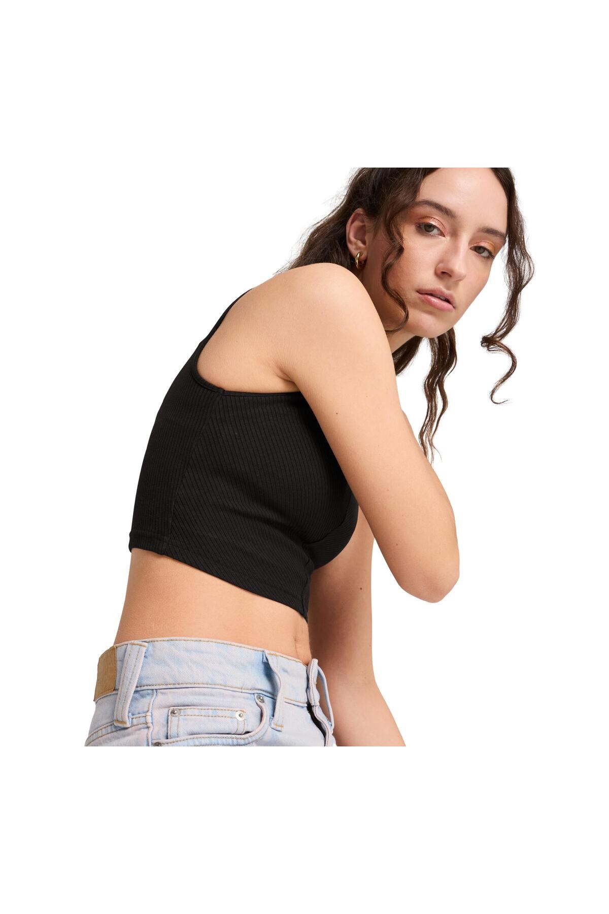 Puma 629765-01 Wardrobe Ess Ribbed Crop Top Kadın T-Shirt Siyah görsel 4