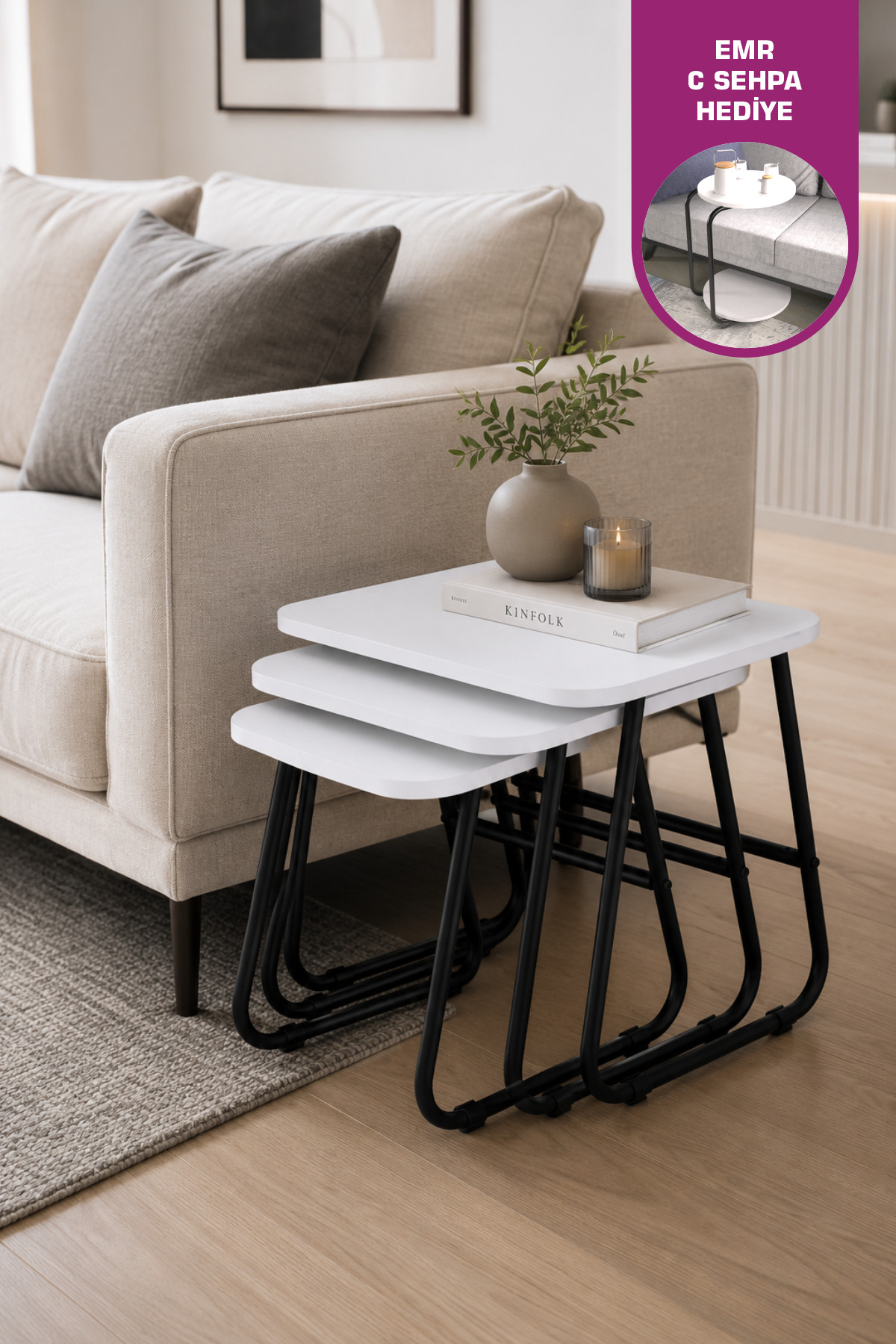 Zigana Multipurpose Black Metal Leg 3-Piece White Zigon Coffee Table