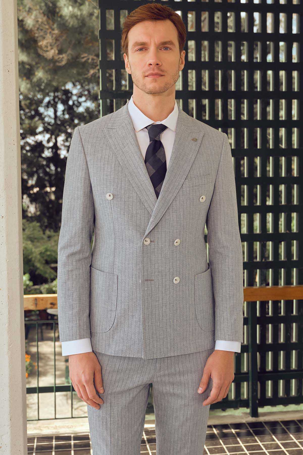 Morven Men's Blue Linen Trend Slim Fit Pointed Collar Suit