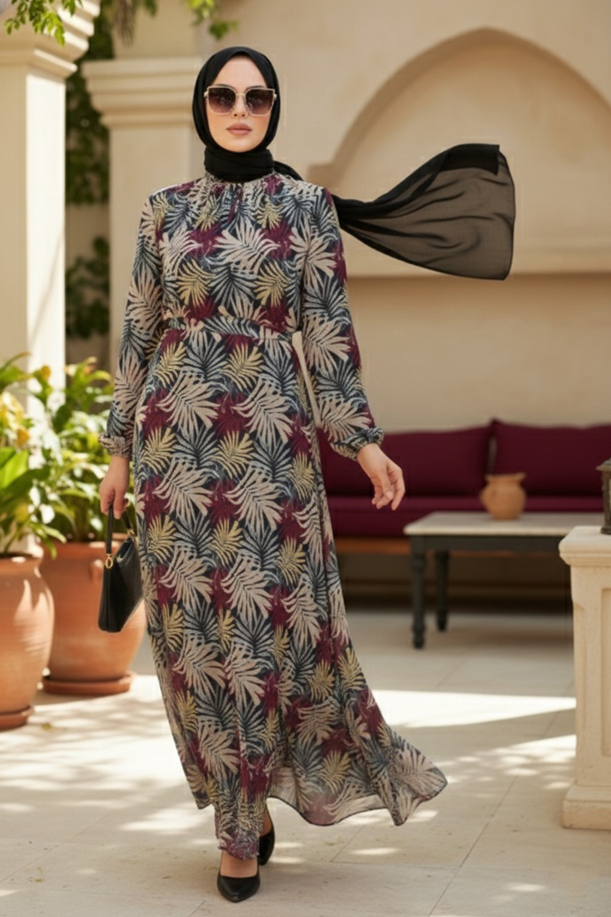 1_org_zoom پیراهن زنانه حجاب Neva Style سبز طرح گل 279076Y اورجینال - تصویر 1
