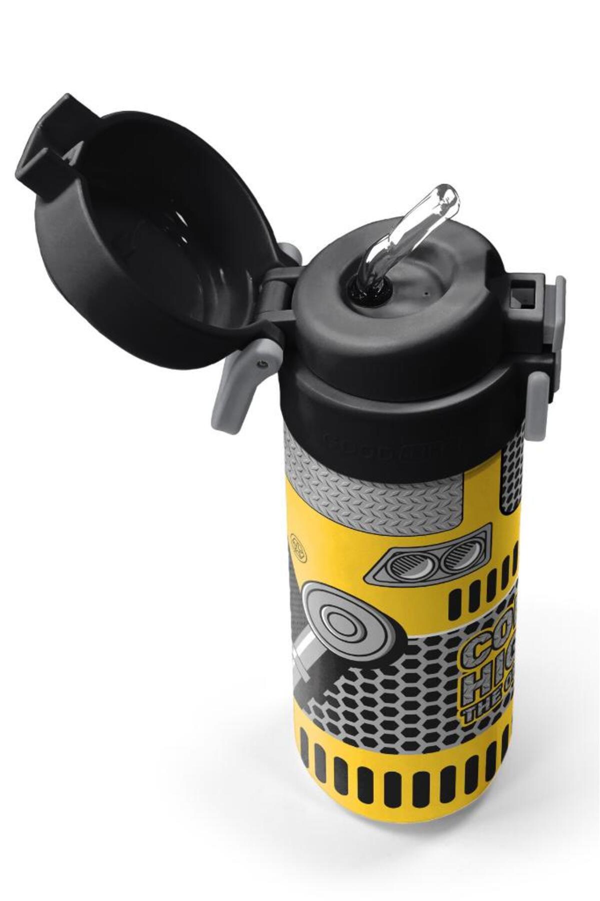 Kids Sarı Siyah Robot Desenli Pipetli ve Direkt İçim Çelik Termos 500 ml 31862