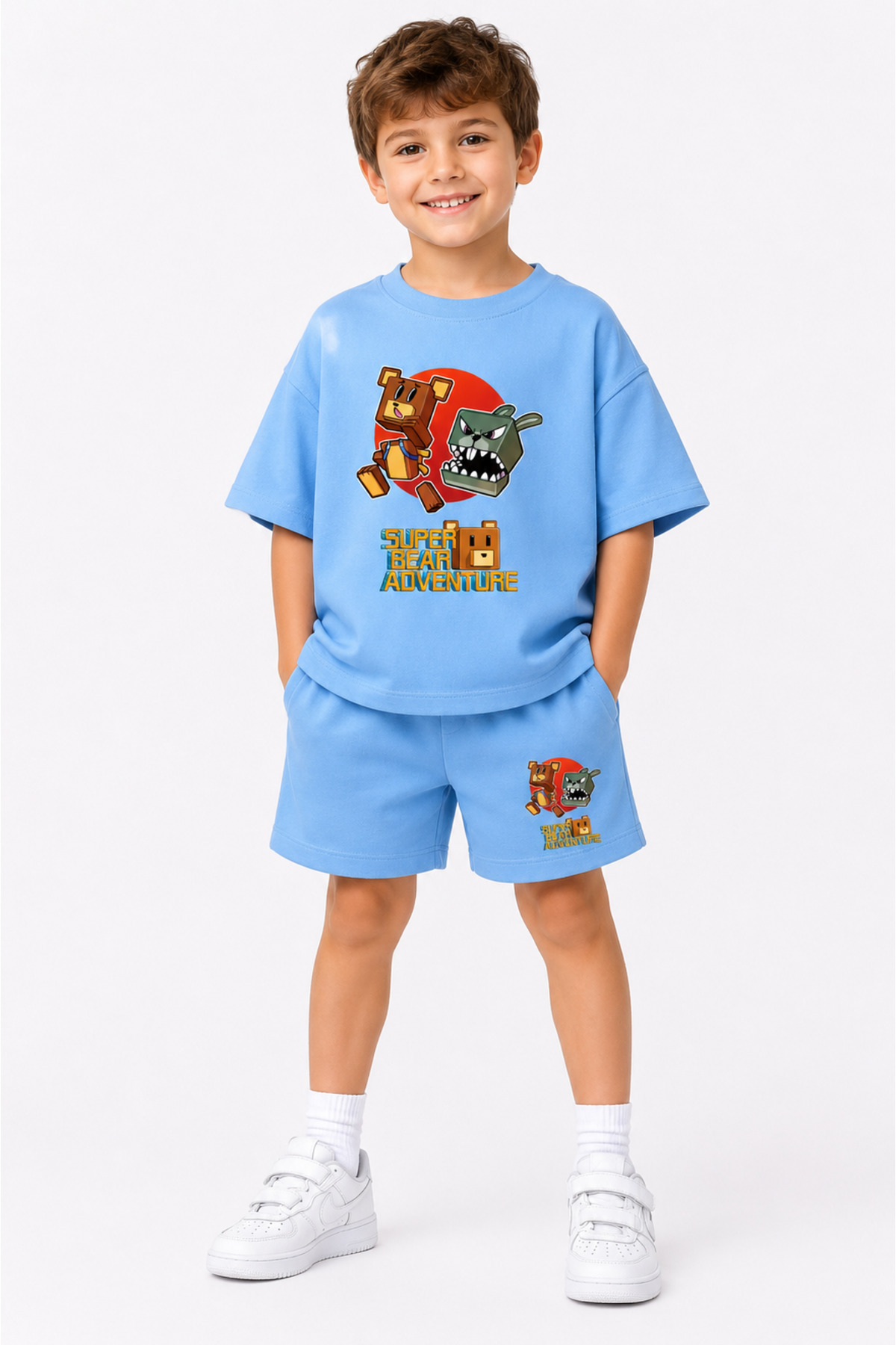 Super Bear Adventure Super Bear Printed Oversize 100% Cotton T-Shirt Shorts 2pcs Kids Set