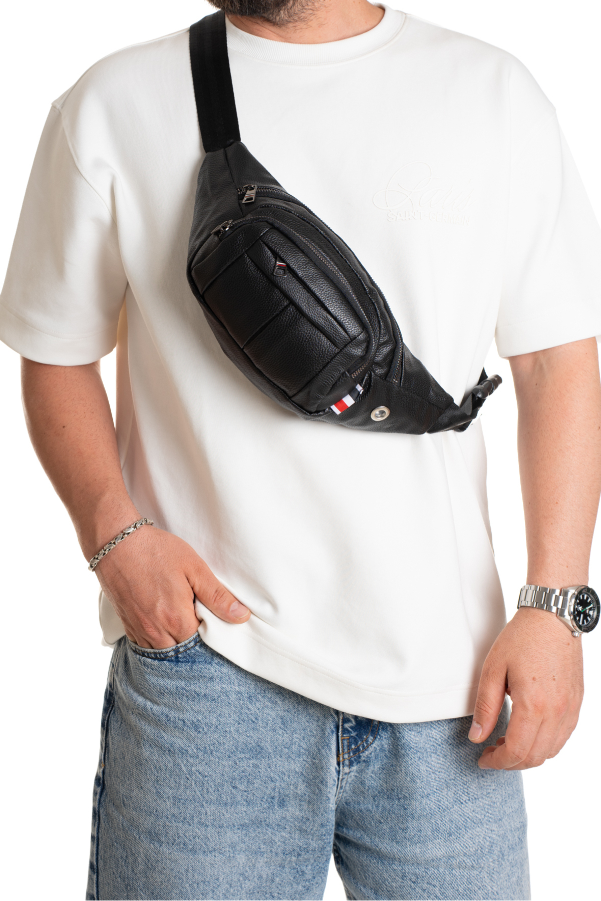 NEWISH POLO ACCESSORIES Unisex Siyah Suya Dayanıklı Suni Vegan Deri Kulaklık Girişli Bel Ve Omuz Çantası Freebag