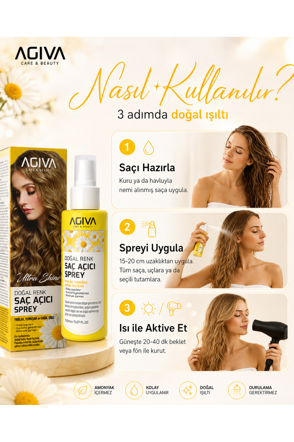 Ultra Shine Doğal Renk Saç Açıcı Sprey 150ml - 100Ml Biberiye Suyu Hediye — 001-SAC-003 — تصویر 2 از 7
