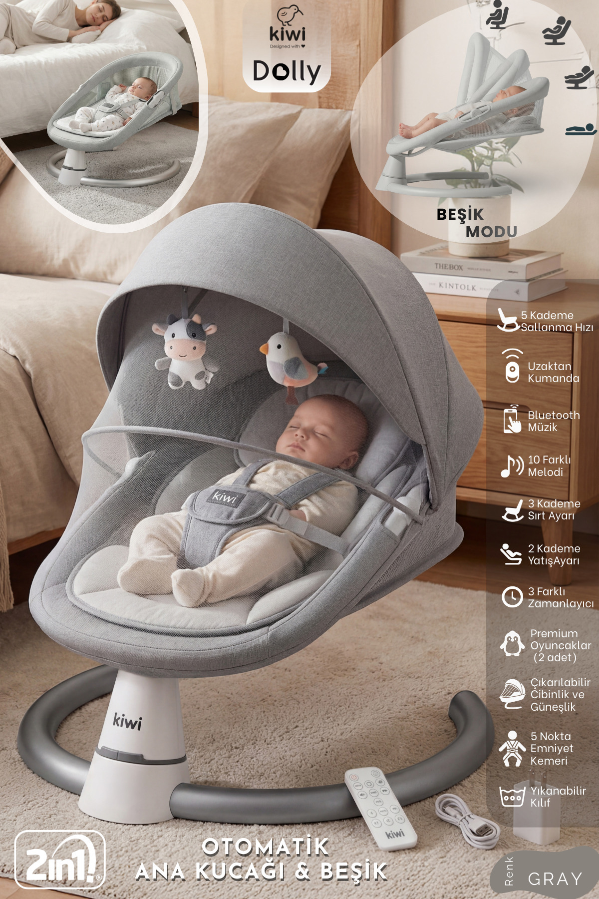 Dolly 2in1 Automatic Rocking Step Adjustable Cradle and Infant Carrier -Gray