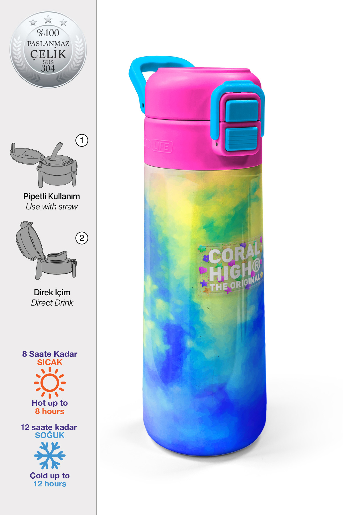 Kids Renkli Batik Desenli Pipetli ve Direkt İçim Çelik Termos 500 ml 31958