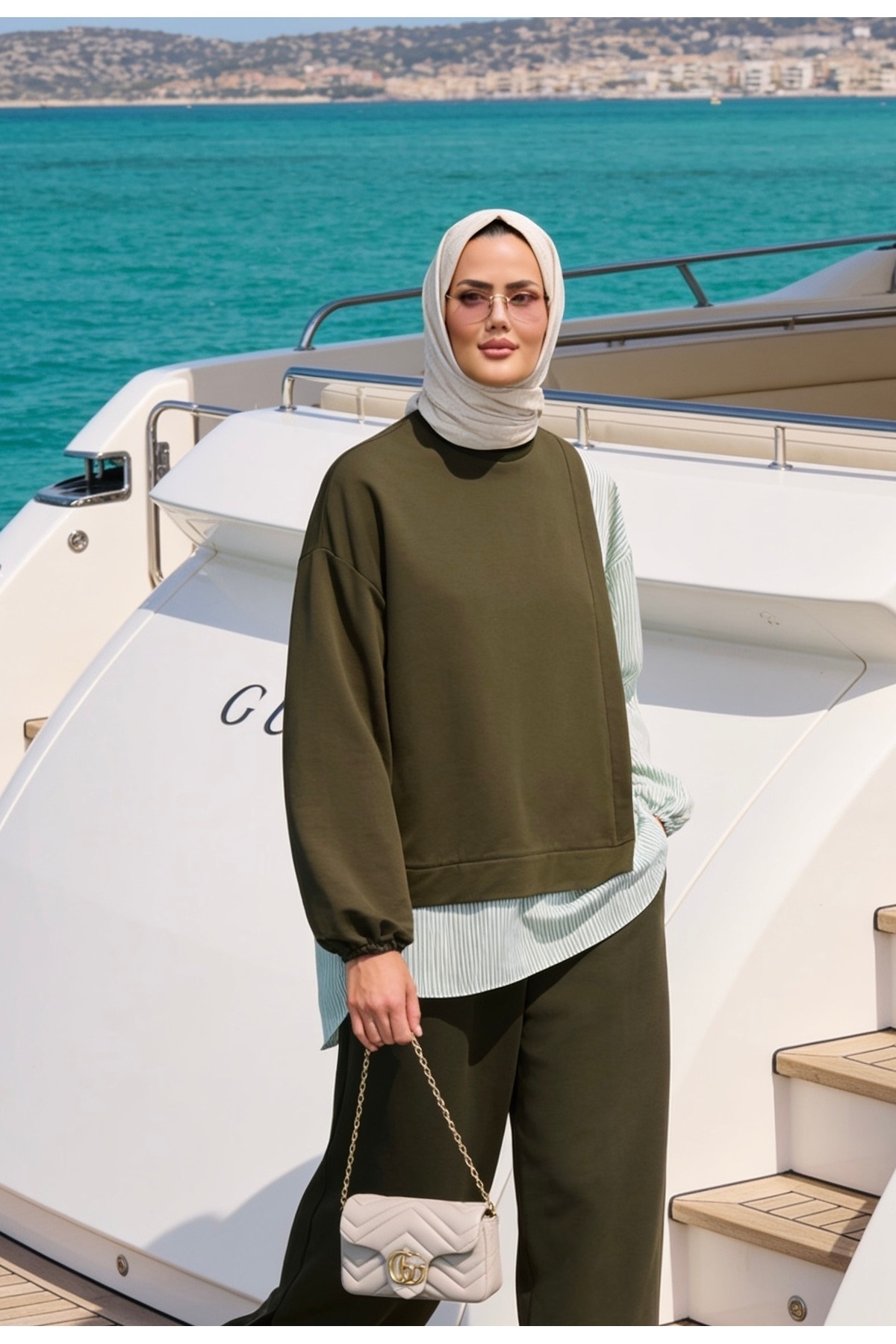 ASEL FASHİON Line Shirt Detailed Green Two-Piece Set
