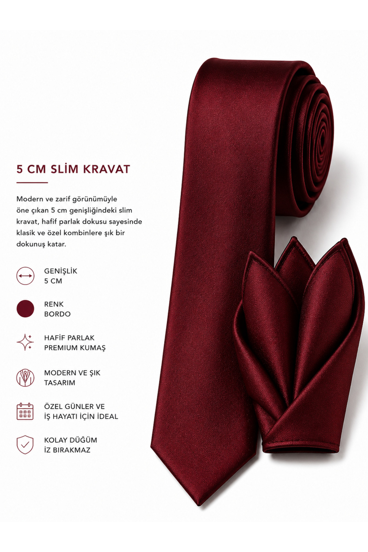 FABIO CASSEL Bordo Düz Saten Hafif Parlak Mendilli Kravat 5CM