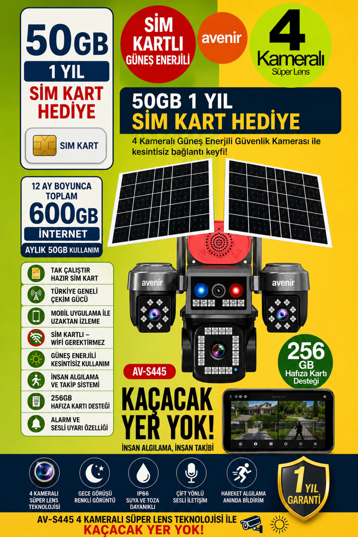 Solar Powered Security E-SIM with 4 Cameras –Dual Solar Panels with SIM Card