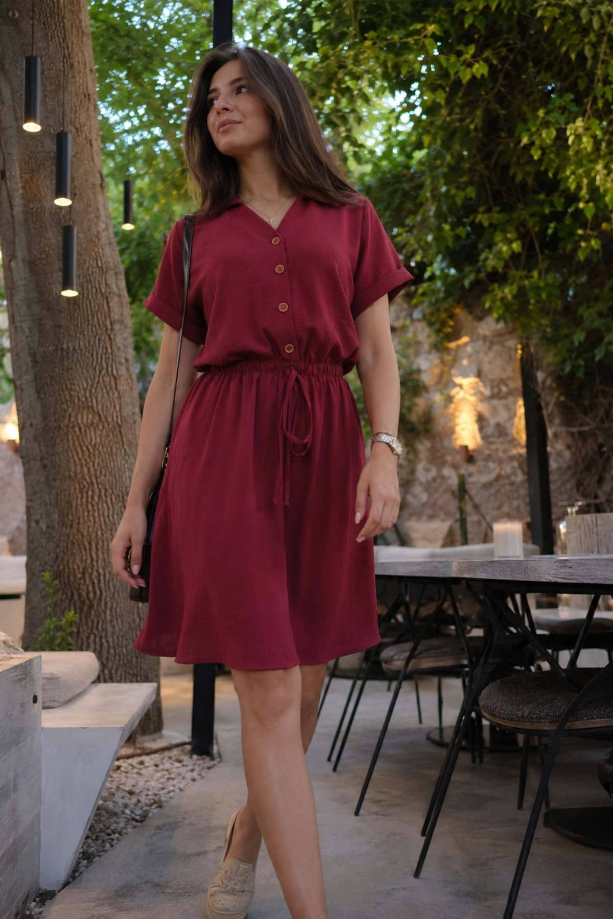 armonika Γυναικείο Claret κόκκινο ελαστικό πουκάμισο μέσης κοντομάνικο φόρεμα...