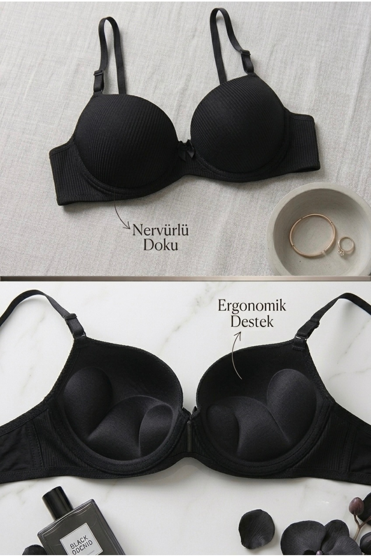 Lavint Homewear Siyah Ultra Push-Up Çizgili Destekli Balenli Slikonlu Sütyen