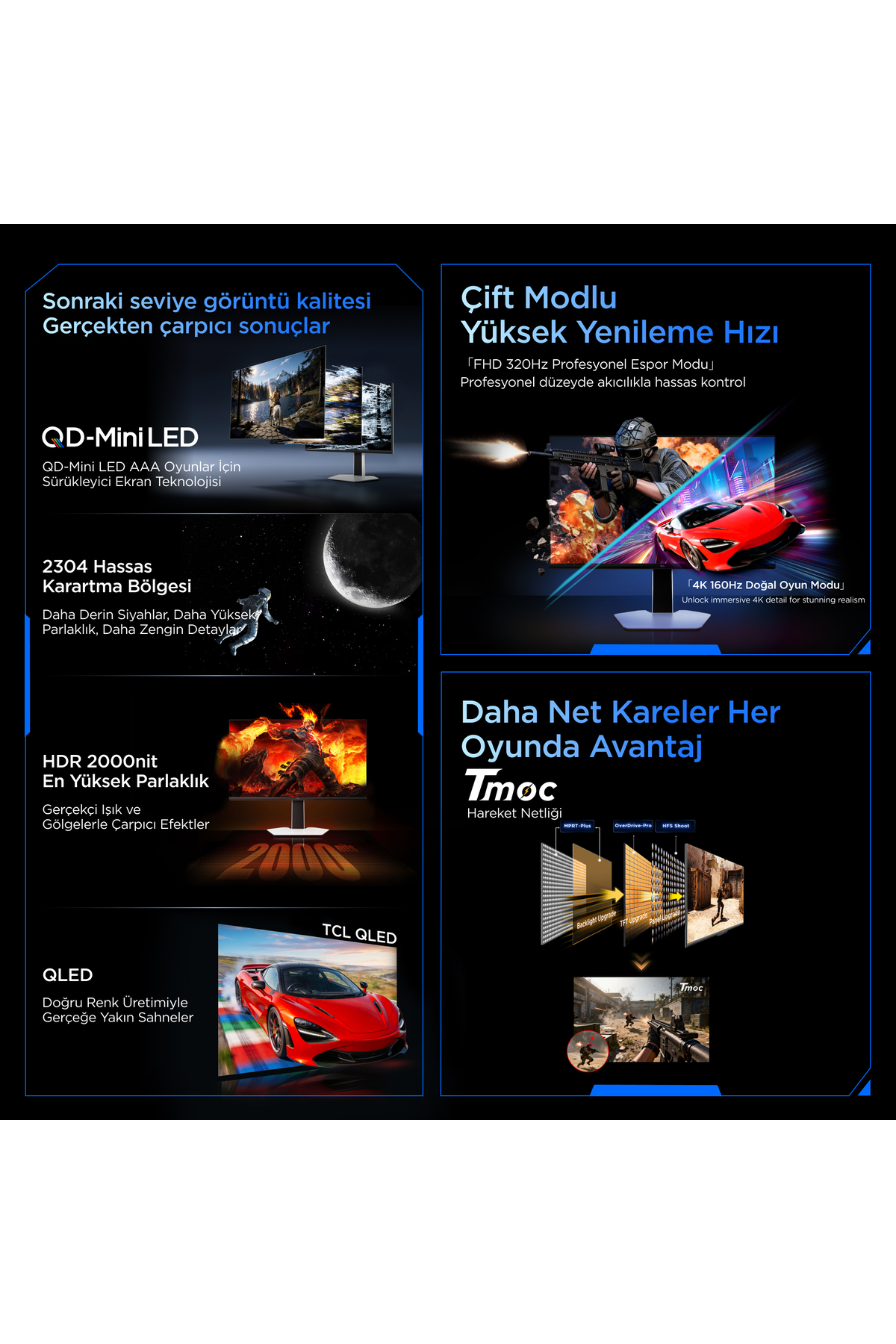 TCL 27C2A Pro 27 İnç 4K QD-Mini LED Oyuncu Monitörü, UHD 160 Hz / FHD 320 Hz, 1 ms GTG, HDR1400, FreeSync Premium