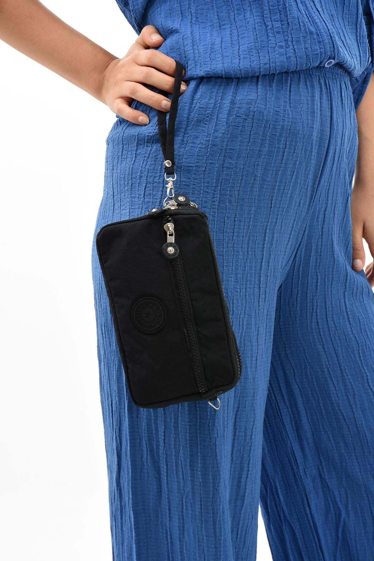 NEMO BAGS Siyah Unisex Cüzdan, 4 Gözlü, Telefonluk, Orjinal Crinkle Kumaş, Çapraz Askılı Omuz Çantası, 20x12cm görsel 2