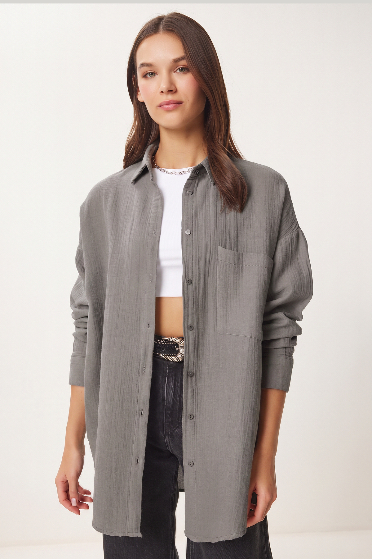 Lovelyİstanbul Oversize Basic Müslin Gömlek GRİ LMX0002 görsel 3