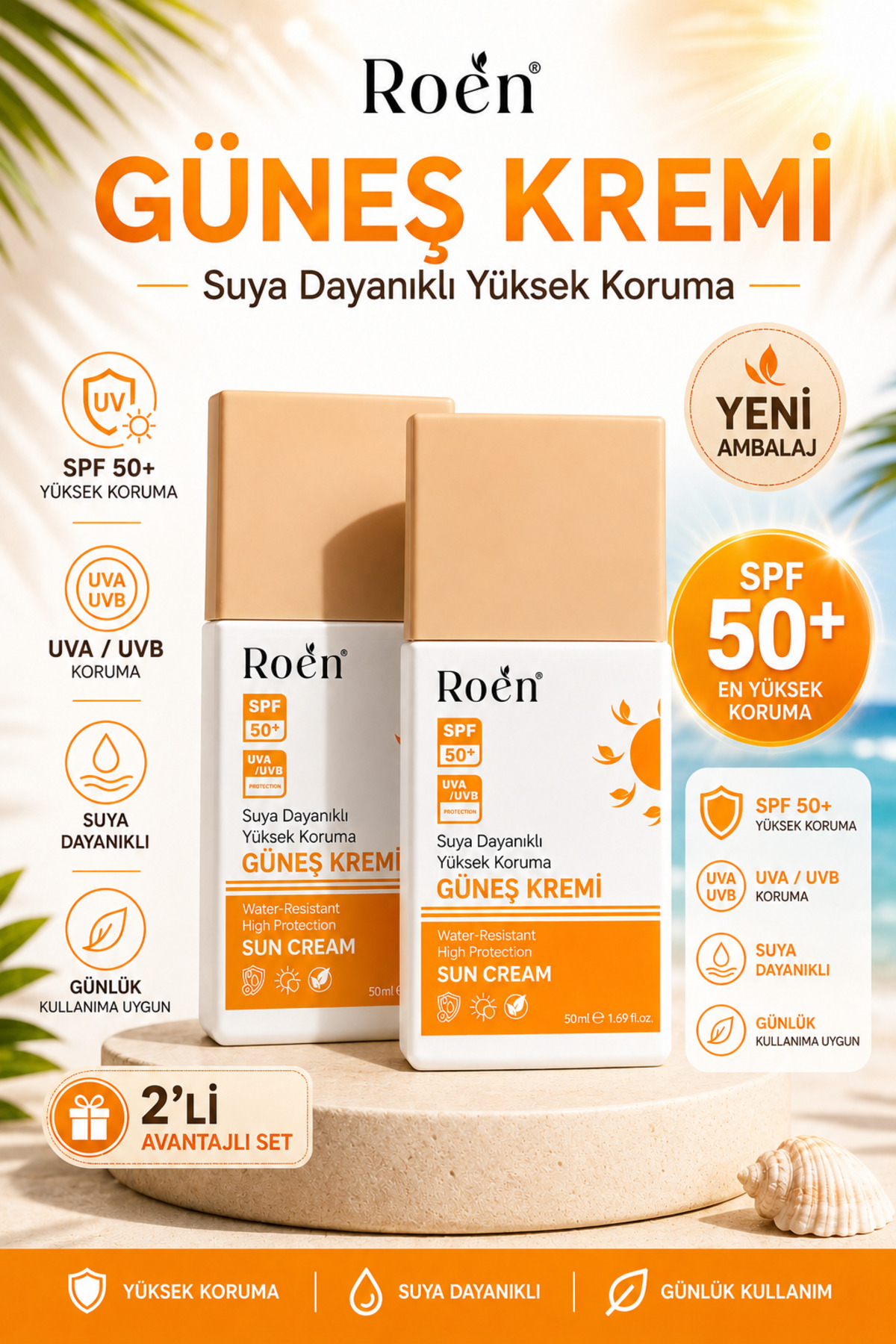 کرم ضد آفتاب با محافظت بالا، SPF 50، مرطوب کننده، مقاوم در برابر آب (2 عدد 50 میلی لیتر) — RNG048302 — تصویر 3 از 7