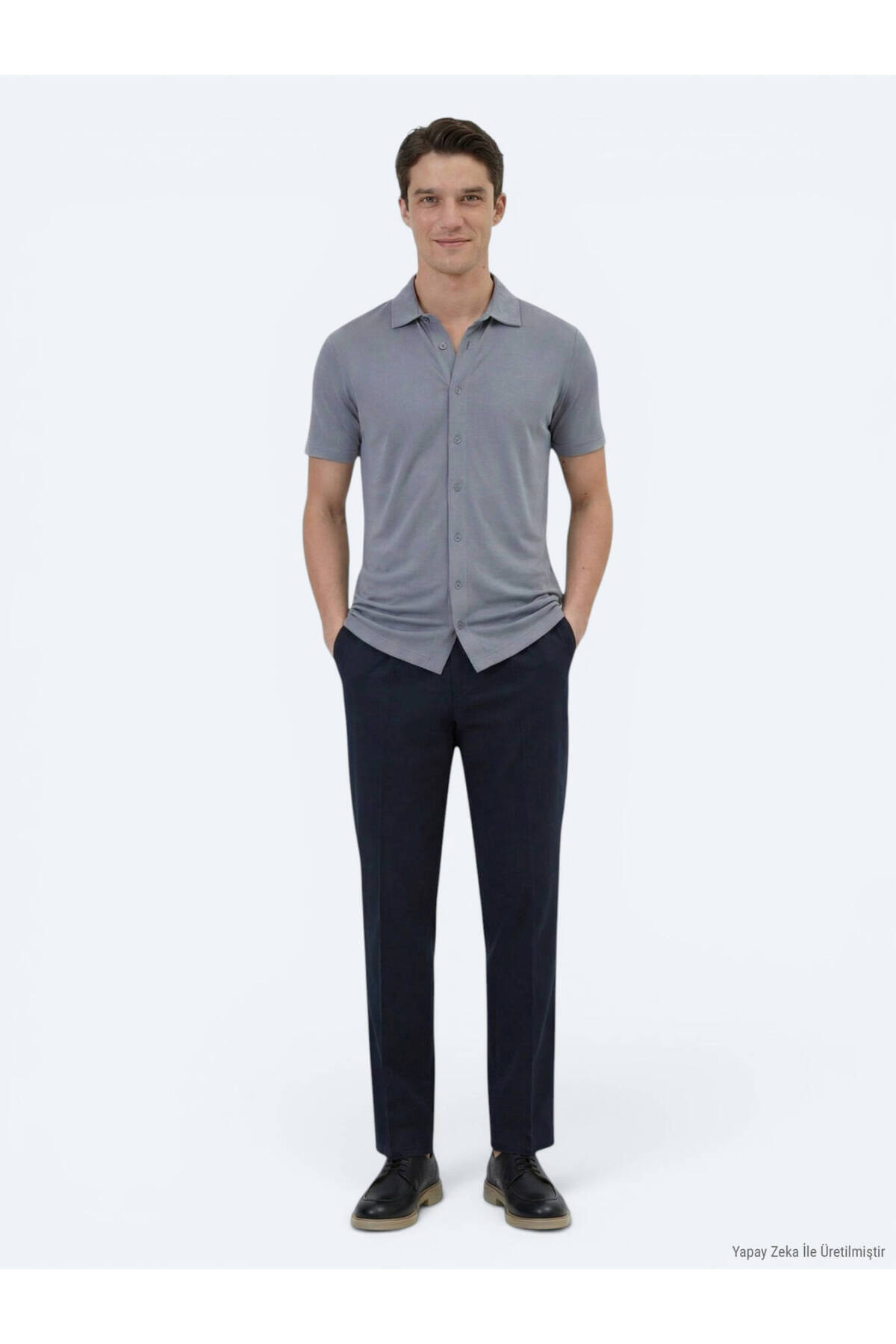 Gri Düz Regular Fit Kısa Casual Gömlek — خاکستری 10153812 — تصویر 4 از 5