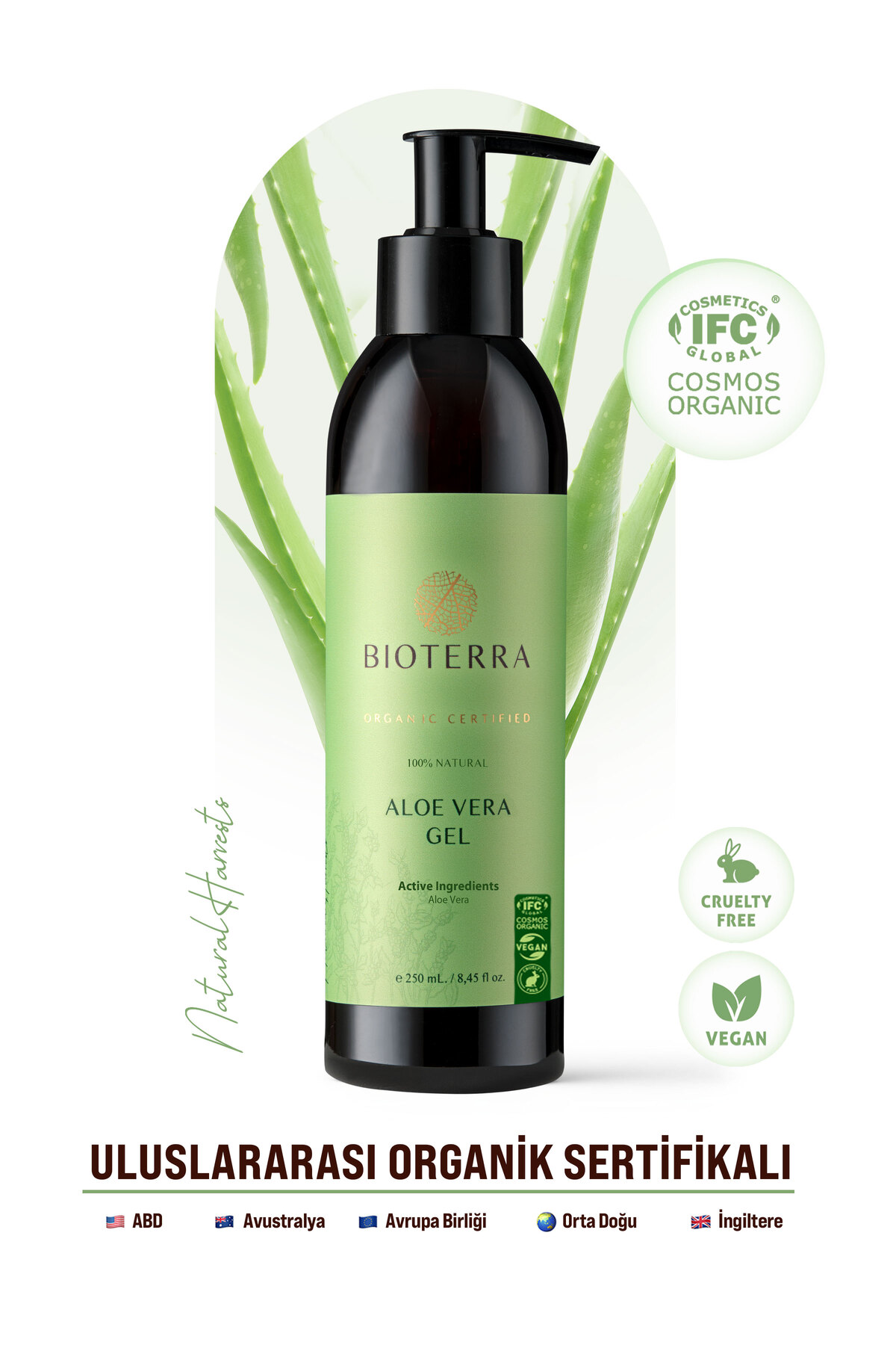 Bioterra Organik Aloe Vera Jel – Yüz, Vücut ve Saç İçin Nemlendirici 250 ml — 700 82 011