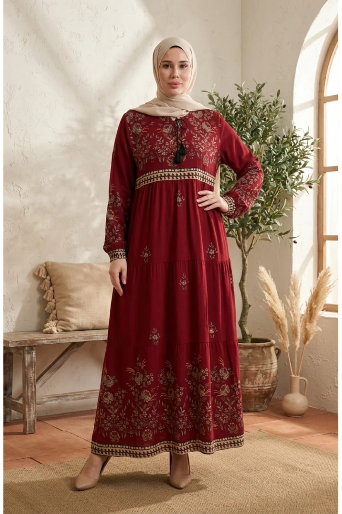 sefamerve Large Size Floral Patterned Viscose Dress 4084-09 Claret Red