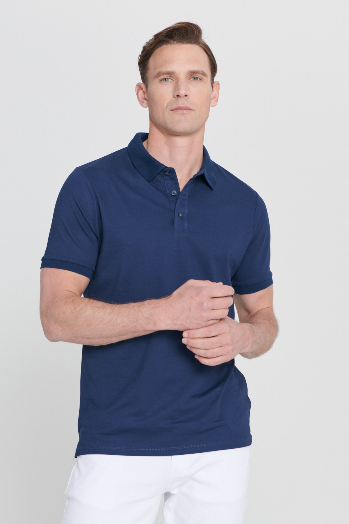 AC&Co / Altınyıldız Classics Erkek Çekmeyen Pamuklu Kumaş Slim Fit Dar Kesim Lacivert Kıvrılmaz Polo Yaka Tişört görsel 8