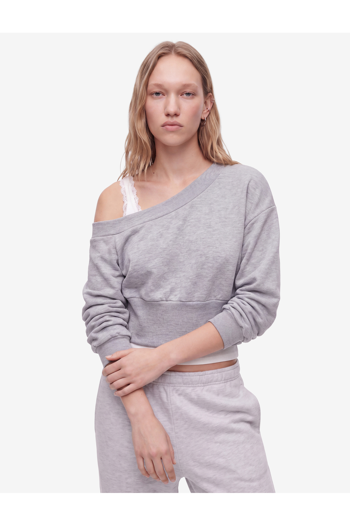 Koton Slim Fit Asimetrik Yaka Korse Detaylı Uzun Kollu Crop Sweatshirt görsel 7