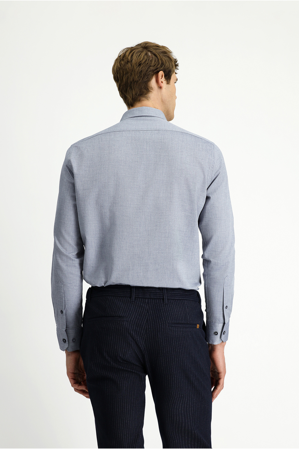 Uzun Kol Slim Fit Armürlü Pamuk Gömlek — سرمه‌ای KK26400000002 — تصویر 6 از 7