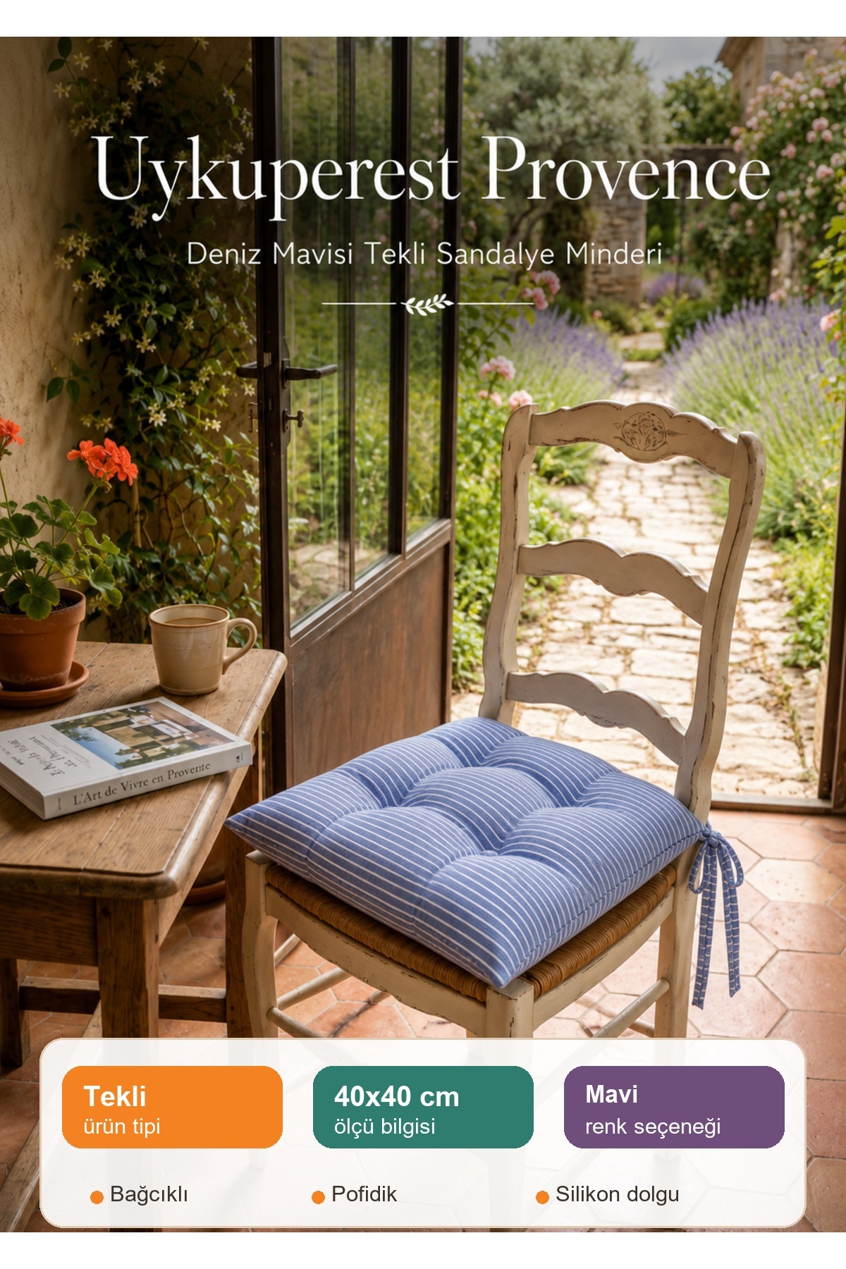 Pastello Pofidik Sandalye Minderi 40x40 Bağcıklı 4 Puntolu Silikon Dolgulu Pamuk Bahçe Balkon Tekli Mavi