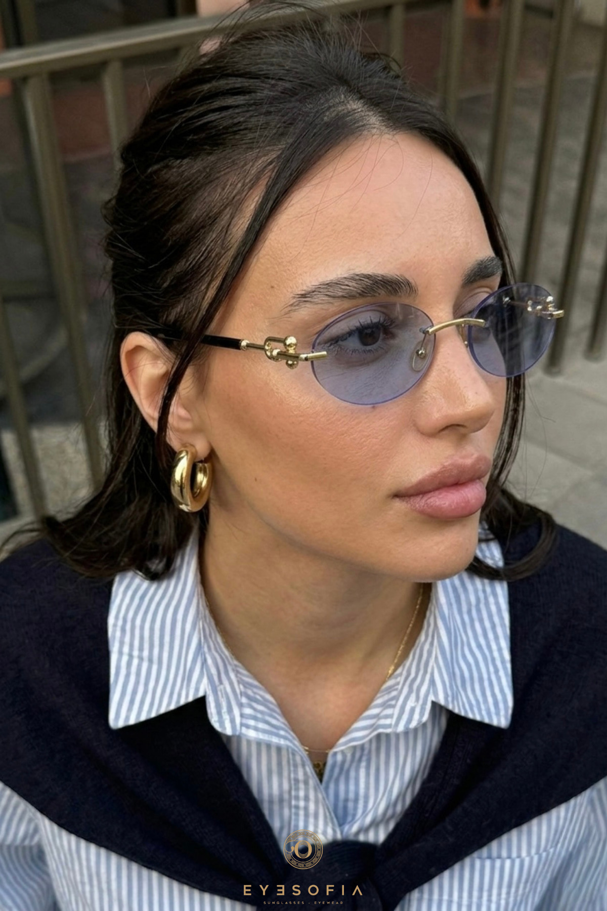 Eyesofia Cartiess Unisex Elips Mavi Gold Çerçeveli Ultra Hafif Uv400 Filtreli Güneş Gözlüğü görsel 2