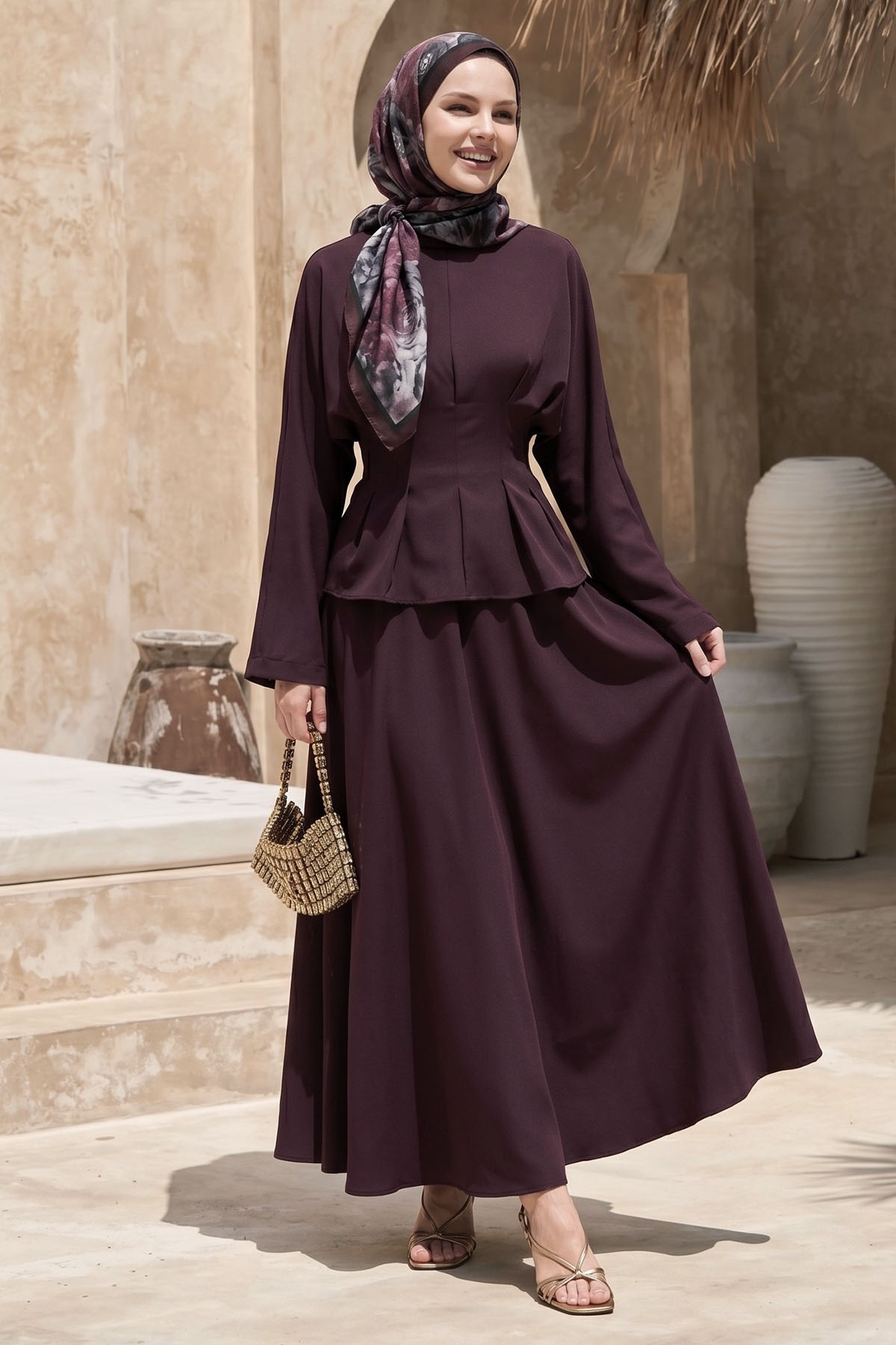 InStyle Tie-Waist Bat Sleeve Plum Suit