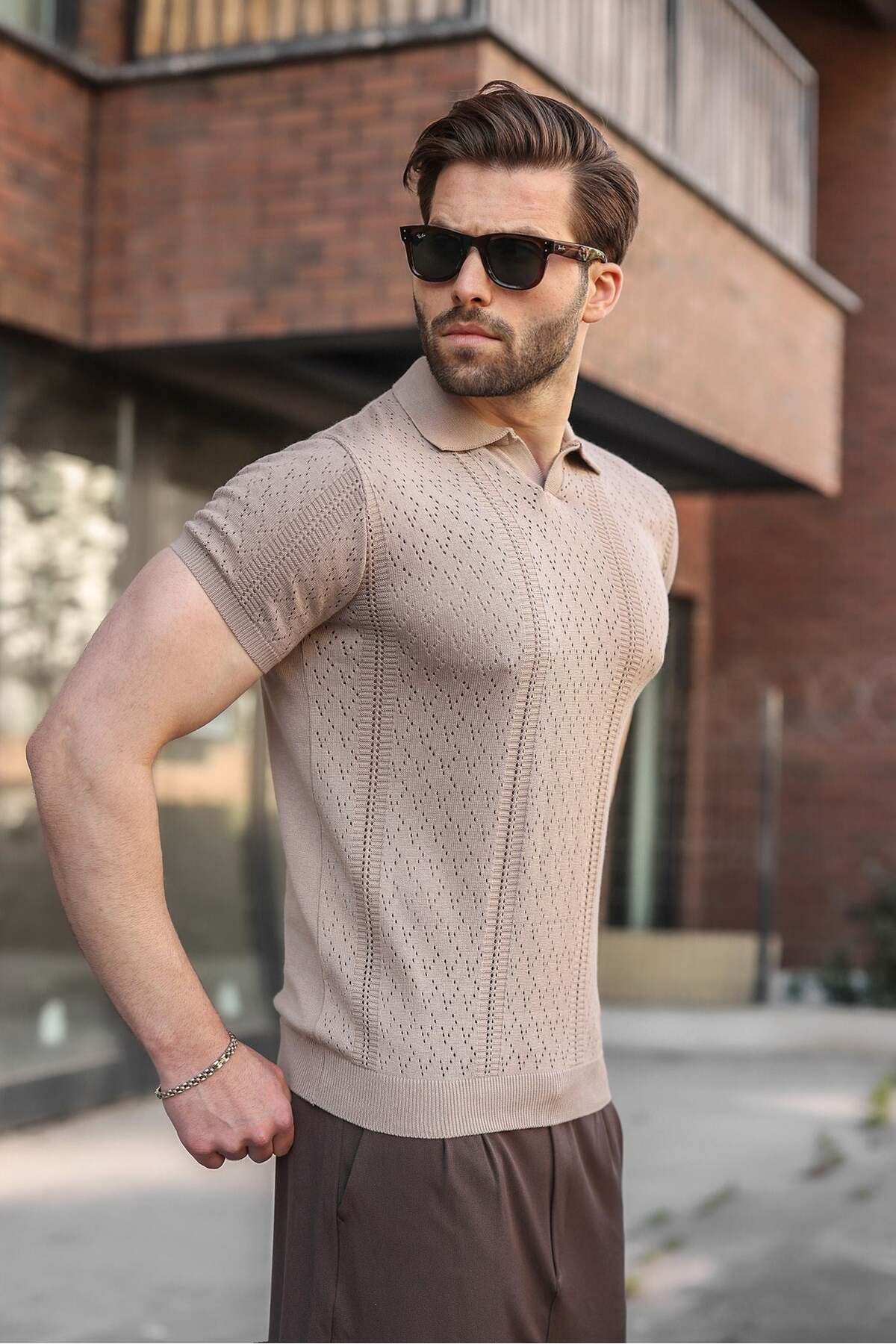 Madmext Light Brown Perforated Polo Collar Men's Knitwear T-Shirt E7495