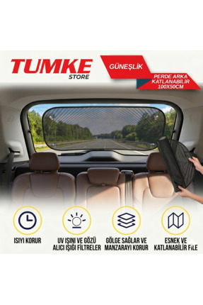 TUMKE Araç İçi Arka Cam Güneş Kesici Katlanabilir Perde 100x50 cm Fileli Prat...