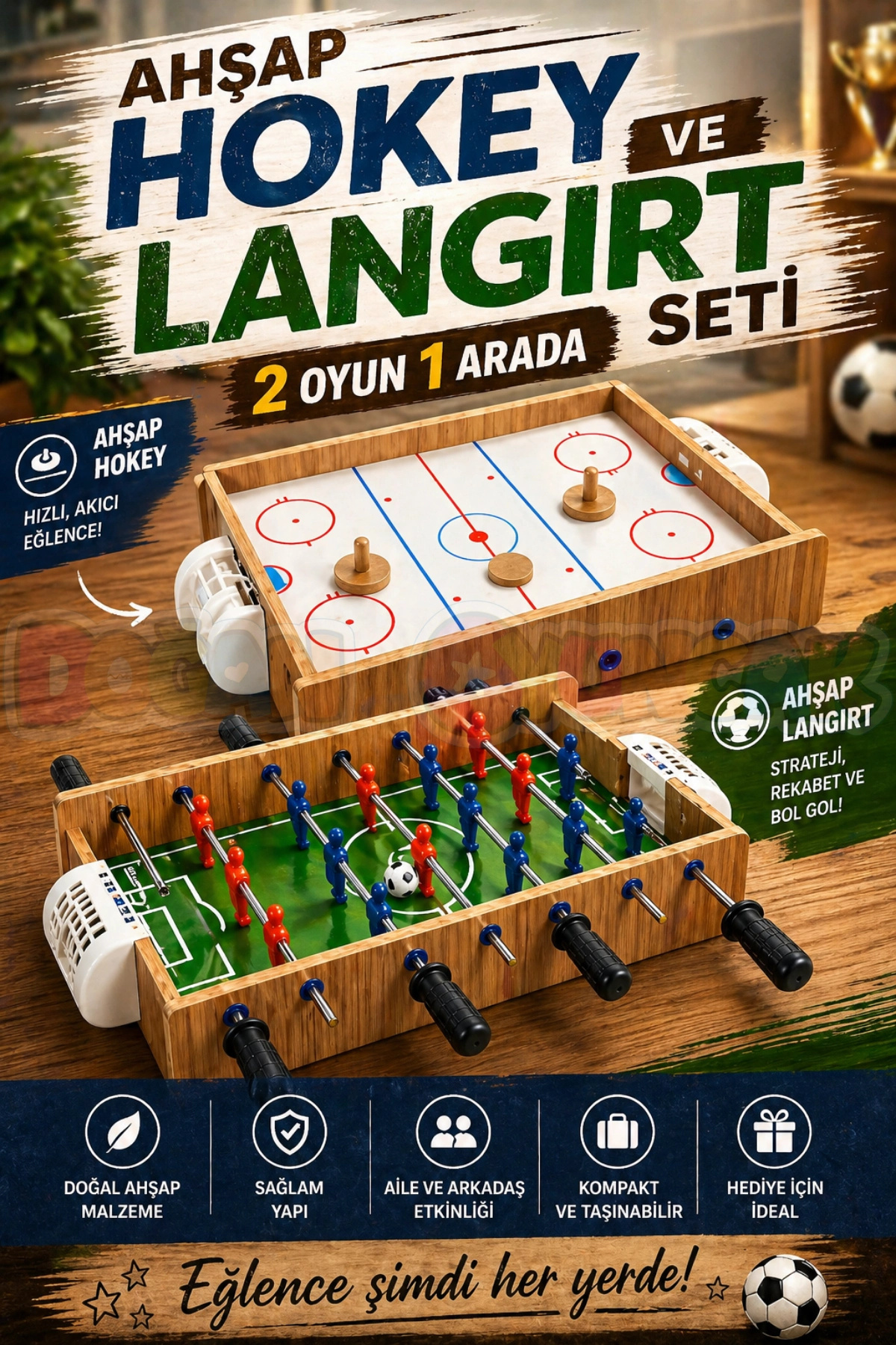 Doğan Oyuncak Dünyası Ahşap Hokey ve Ahşap Langırt Seti - Ahşap