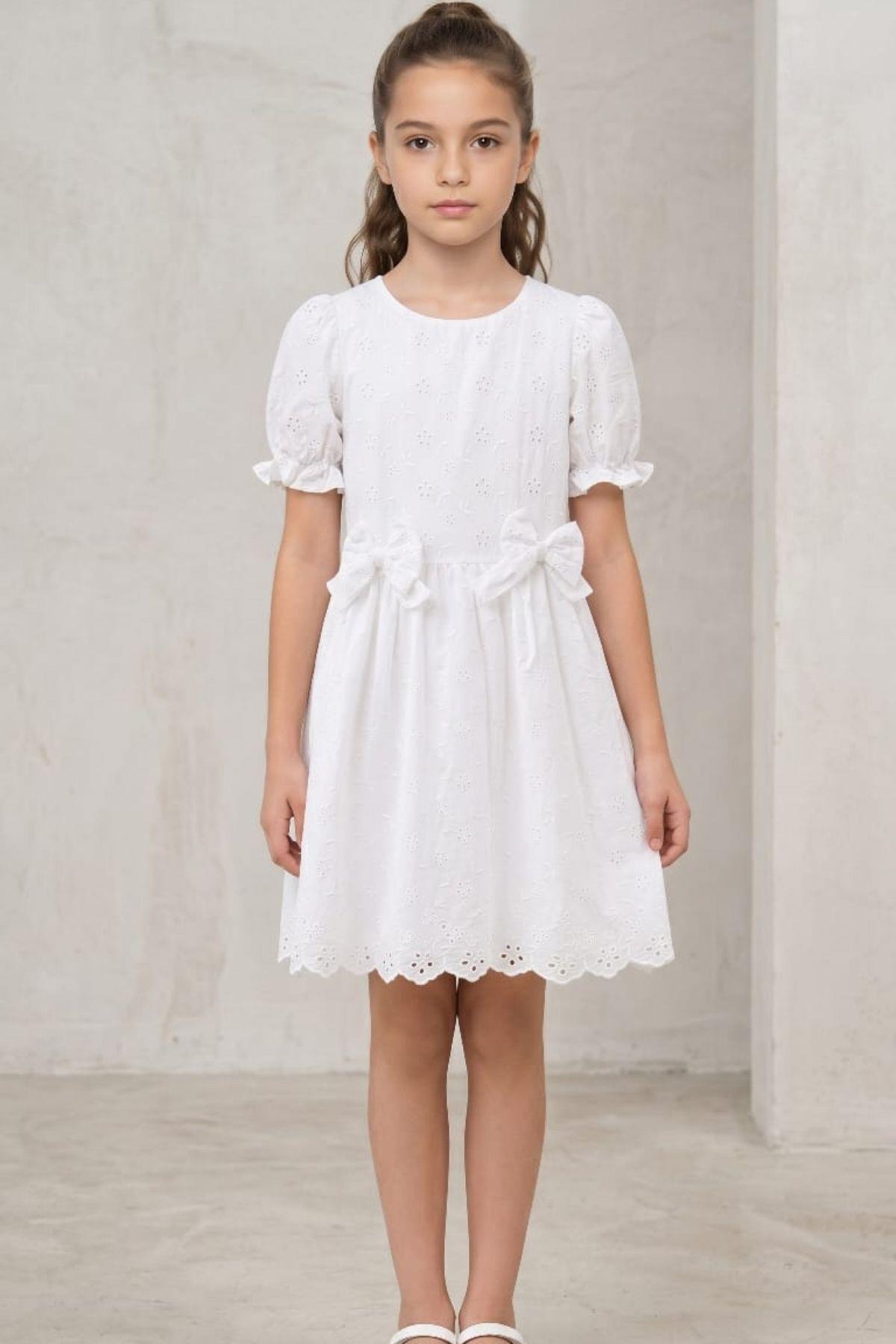 Girl Watermelon Sleeve Detailed Scalloped Ribbon Dress ELB2016