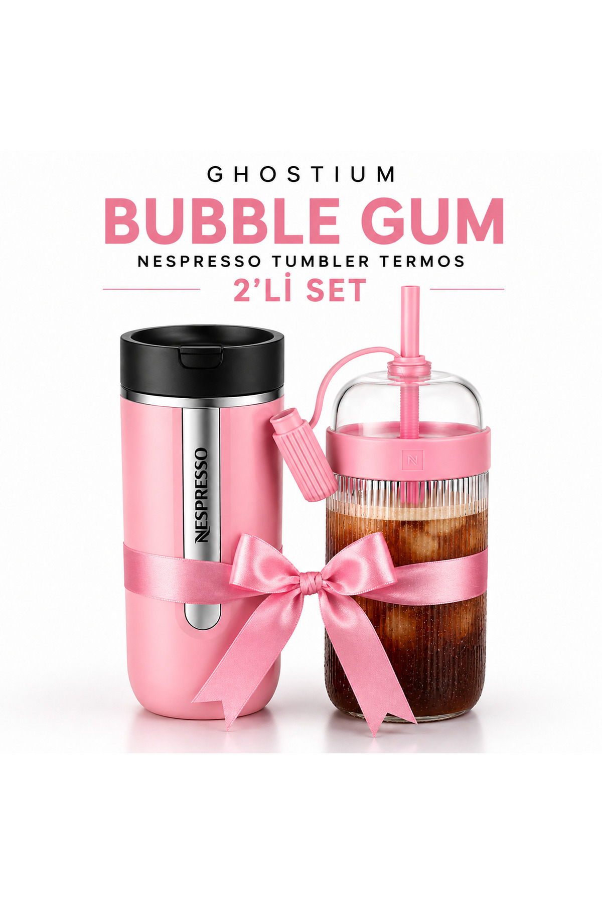 Nespresso Tumbler & Termos Set Travel Mug Bubble Gum ( Pembe ) X2