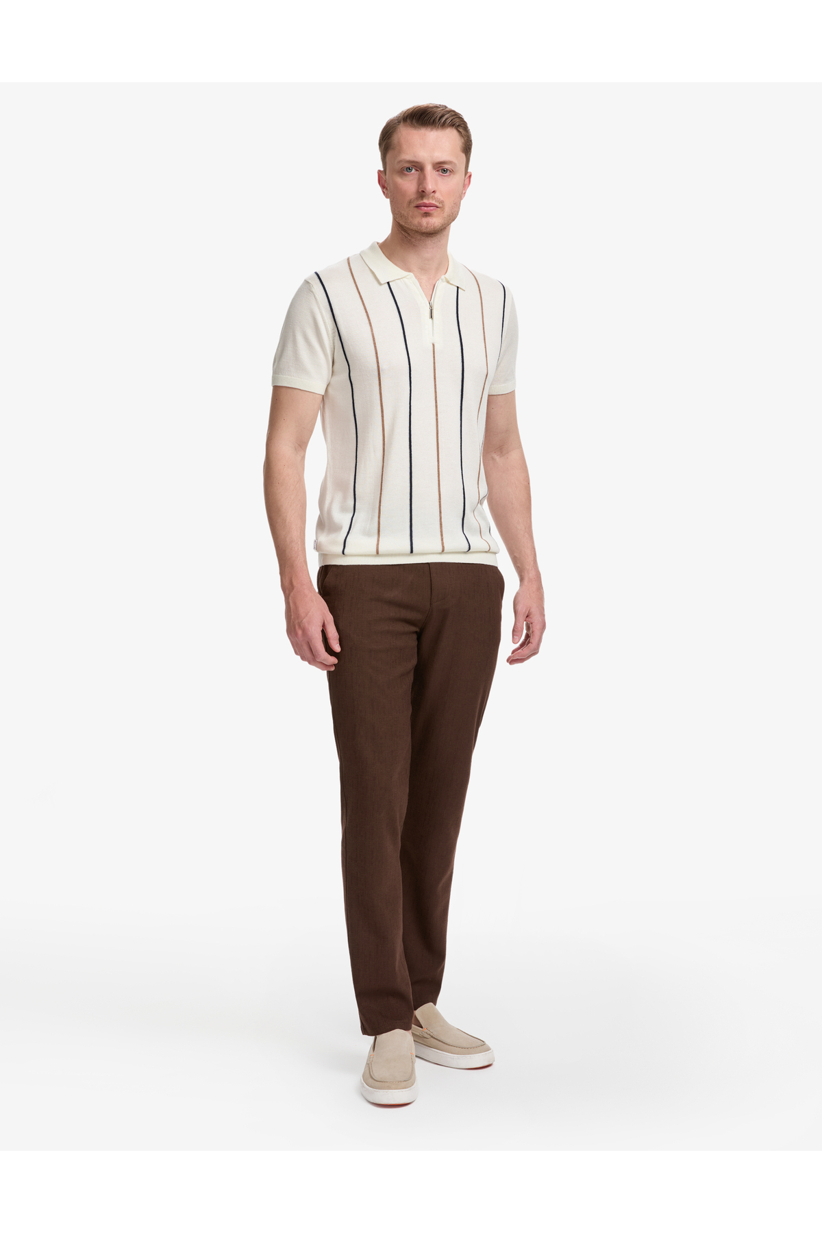 شلوار کتان قهوه‌ای تیره اسلیم فیت با کمر کشی ۵۰۳۲۰۸۲۲-VR084 پیر کاردین شلوار Pierre Cardin