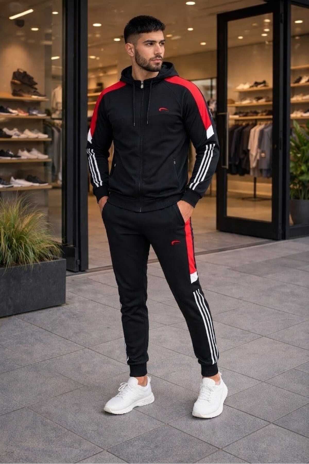 wera Erkek, Siyah-Kırmızı, Dalgıç Kumaş,Şerit Detaylı, Kapüşonlu Slim Fit Eşofman Takımı görsel 3